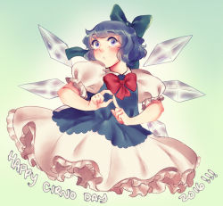 Rule 34 | 1girl, blue bow, blue eyes, blue hair, blush, bow, cirno, dress, english text, frills, hair bow, hand gesture, ice, ice wings, looking at viewer, matching hair/eyes, open mouth, orz (kagewaka), petticoat, puffy sleeves, short hair, short sleeves, solo, touhou, wings