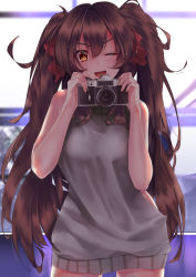 Rule 34 | 1girl, ;d, absurdres, brown hair, camera, eyebrows, girls&#039; frontline, hair between eyes, highres, long hair, looking at viewer, meme attire, messy hair, nishiro ryoujin, one eye closed, open mouth, smile, solo, sweater, sweater vest, twintails, type 97 (girls&#039; frontline), very long hair, virgin killer sweater, yellow eyes