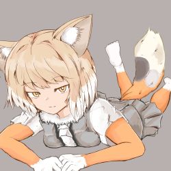 Rule 34 | 1girl, animal ear fluff, animal ears, arm support, bodystocking, bright pupils, brown hair, closed mouth, feet up, fox ears, fox girl, fox tail, fur collar, grey background, grey skirt, grey vest, highres, jitome, kemono friends, light brown hair, light smile, looking at viewer, lying, medium hair, multicolored hair, no shoes, on stomach, open clothes, open vest, own hands together, pleated skirt, shirt, simple background, skirt, solo, tail, the pose, tibetan fox (kemono friends), two-tone hair, vest, white hair, white pupils, y.kiyohara, yellow eyes