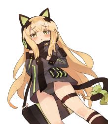 Rule 34 | 1girl, animal ears, bad id, bad twitter id, black gloves, blonde hair, blush, bow, cat ears, cat tail, commentary request, from below, girls&#039; frontline, gloves, gluteal fold, headphones, itsuki tasuku, jacket, long hair, looking at viewer, simple background, solo, tail, tail bow, tail ornament, thigh strap, tmp (girls&#039; frontline), very long hair, white background, yellow eyes