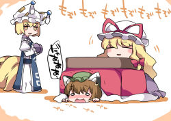 Rule 34 | 3girls, ^ ^, animal ears, animal hat, bad id, bad pixiv id, blonde hair, blush, blush stickers, bow, brown hair, cat ears, chen, closed eyes, commentary request, dress, earrings, fox ears, fox tail, hair bow, hammer (sunset beach), hands in opposite sleeves, hat, hat ribbon, jewelry, kotatsu, long hair, mob cap, multiple girls, multiple tails, open mouth, mob cap, purple dress, red bow, red ribbon, ribbon, short hair, single earring, smile, tabard, table, tail, touhou, translation request, yakumo ran, yakumo yukari