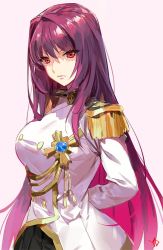 Rule 34 | 1girl, arms behind back, epaulettes, fate/grand order, fate (series), frown, hair intakes, long hair, looking at viewer, military, military uniform, official alternate costume, purple hair, red eyes, scathach (fate), scathach (makyou sergeant) (fate), solo, uniform, yd (orange maru)