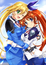 Rule 34 | 2girls, artist name, black gloves, blonde hair, blue eyes, blush, breasts, brown hair, closed mouth, dated, fingerless gloves, gloves, green eyes, hair ribbon, highres, hug, large breasts, long hair, looking at viewer, lyrical nanoha, mahou shoujo lyrical nanoha strikers, mahou shoujo lyrical nanoha vivid, military, military uniform, mother and daughter, multiple girls, one eye closed, open mouth, ponytail, ribbon, san-pon, side ponytail, smile, takamachi nanoha, tsab executive military uniform, uniform, vivio