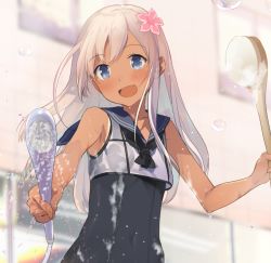 Rule 34 | 10s, 1girl, akinashi yuu, breasts, flower, hair flower, hair ornament, kantai collection, long hair, one-piece swimsuit, open mouth, ro-500 (kancolle), school swimsuit, school uniform, serafuku, shower head, small breasts, solo, swimsuit, tan