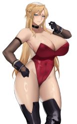 Rule 34 | 1girl, alios arvin, belt, black gloves, black thighhighs, blonde hair, blue eyes, blush, boots, breasts, commentary request, covered navel, cowboy shot, elbow gloves, gloves, hair between eyes, hand up, large breasts, leotard, long hair, looking at viewer, mature female, original, parted lips, red leotard, sideboob, simple background, smile, solo, standing, thigh boots, thighhighs, thighs, white background