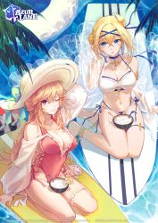 Rule 34 | 2girls, anklet, arm up, azur lane, bare shoulders, bikini, blonde hair, blue eyes, breasts, choker, cleavage, cross, csyday, frills, grin, hair bun, halterneck, hat, highleg, highleg swimsuit, highres, jeanne d&#039;arc (azur lane), jeanne d&#039;arc (saintess of the sea) (azur lane), jewelry, large breasts, layered bikini, long hair, long sleeves, looking at another, looking at viewer, multiple girls, navel, official alternate costume, official art, one-piece swimsuit, one eye closed, pink one-piece swimsuit, richelieu (azur lane), richelieu (fleuron of the waves) (azur lane), side-tie bikini bottom, side bun, single side bun, sitting, smile, stomach, string bikini, sun hat, surfboard, swimsuit, thigh strap, thighs, turret, very long hair, water, white bikini, white headwear