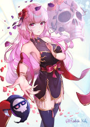 Rule 34 | 1girl, absurdres, alternate costume, artist name, bare shoulders, bow, bracelet, breasts, dress, flower, hair flower, hair ornament, hand on own chest, heart, highres, hololive, hololive english, jewelry, light blush, long hair, looking at viewer, mori calliope, petals, pink eyes, pink hair, pink lips, radishkek, red bow, red flower, red rose, ribbon, rose, rose petals, sideboob, skull, solo, standing, tassel, thighhighs, twitter username, virtual youtuber