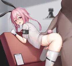 Rule 34 | 2boys, absurdres, animal ears, ansel (arknights), arknights, armband, bent over, bottomless, censored, chun bae, clipboard, doggystyle, drooling, extra ears, fake animal ears, floppy ears, gloves, highres, infection monitor (arknights), mosaic censoring, multiple boys, open mouth, penis, pink hair, precum, rabbit boy, rabbit ears, rabbit tail, red eyes, rhodes island logo (arknights), saliva, sex, sex from behind, short hair, tail, tearing up, thighhighs, torn clothes, torn thighhighs, trap, white gloves, white thighhighs, yaoi
