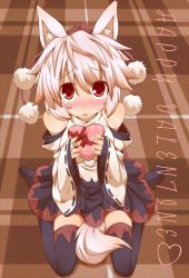 Rule 34 | 1girl, animal ears, between legs, blush, chocolate, detached sleeves, fangs, female focus, from above, gift, happy valentine, hat, holding, holding gift, incoming gift, inubashiri momiji, kneeling, kuromiya, open mouth, red eyes, short hair, silver hair, sitting, solo, tail, tail between legs, thighhighs, tokin hat, touhou, valentine, wariza, wolf ears, wolf tail