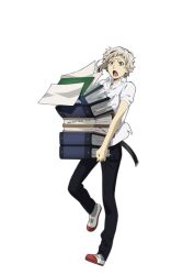 Rule 34 | 1boy, bad source, black hair, black pants, book, book stack, bungou stray dogs, collared shirt, full body, grey hair, male focus, multicolored hair, nakajima atsushi (bungou stray dogs), official art, open mouth, pants, school uniform, shirt, shoes, short sleeves, streaked hair, transparent background, yellow eyes