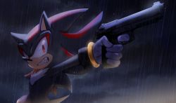 Rule 34 | 1boy, animal nose, bracelet, clenched teeth, furry, furry male, gloves, gun, highres, holding, holding gun, holding weapon, jewelry, male focus, night, night sky, nisibo25, rain, red eyes, shadow the hedgehog, sky, solo, sonic (series), teeth, upper body, weapon, white gloves