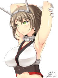 Rule 34 | 10s, 1girl, arm behind head, armpits, breasts, brown hair, cleavage, collar, dated, gin&#039;ichi (akacia), gloves, green eyes, headgear, highres, kantai collection, large breasts, looking to the side, midriff, mutsu (kancolle), panties, short hair, simple background, solo, twitter username, underwear, white background, white gloves