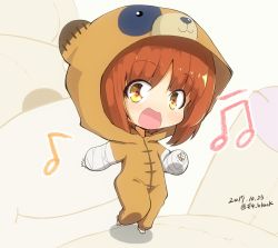 Rule 34 | 1girl, :d, aged down, animal costume, animal print, artist name, bandages, barefoot, beamed eighth notes, bear costume, bear print, boko (girls und panzer), brown eyes, brown hair, child, commentary, dated, eighth note, full body, girls und panzer, jinguu (4839ms), looking at viewer, musical note, nishizumi miho, onesie, open mouth, pajamas, shadow, short hair, smile, solo, standing