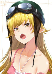Rule 34 | artist name, aviator cap, bare shoulders, blonde hair, blush, camisole, collarbone, eyebrows, fangs, goggles, goggles on head, halterneck, head tilt, helmet, isshiki (ffmania7), looking at viewer, monogatari (series), off shoulder, open mouth, oshino shinobu, pointy ears, simple background, solo, strap slip, teeth, upper body, vampire, white background, yellow eyes