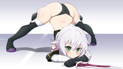 Rule 34 | 1girl, anklet, arm support, ass, bandaged arm, bandages, bare shoulders, black hair, black panties, black thighhighs, black vest, blush, boots, breasts, cropped vest, curvy, dagger, facial scar, fate/apocrypha, fate/grand order, fate (series), flexible, full body, gradient background, hair between eyes, highres, holding, holding dagger, holding knife, holding weapon, huge ass, jack-o&#039; challenge, jack the ripper (fate/apocrypha), jewelry, knife, looking at viewer, looking back, looking to the side, lowleg, lowleg panties, meme, panties, regls, scar, scar across eye, scar on cheek, scar on face, shiny skin, short hair, shoulder tattoo, simple background, single thighhigh, solo, spread legs, stretching, tattoo, thigh boots, thighhighs, thighs, thong, top-down bottom-up, two side up, underwear, vest, weapon, white background, white hair, wide spread legs