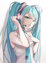 Rule 34 | 1girl, absurdres, aqua eyes, aqua hair, aqua necktie, commentary request, drawing kanon, grey shirt, hatsune miku, headphones, highres, long hair, looking at viewer, necktie, open mouth, shadow, shirt, simple background, sleeveless, sleeveless shirt, solo, twintails, upper body, very long hair, vocaloid, white background