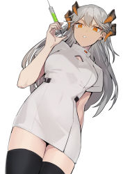 Rule 34 | 1girl, absurdres, arknights, black thighhighs, cleavage cutout, clothing cutout, cowboy shot, dragon horns, dress, dutch angle, grey hair, hati105, highres, holding, holding syringe, horns, legs together, long hair, looking at viewer, orange eyes, saria (arknights), short sleeves, simple background, solo, syringe, thighhighs, thighs, white background, white dress
