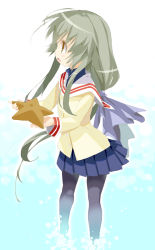 Rule 34 | 00s, 1girl, black pantyhose, carrying, clannad, gradient background, hair ornament, hair ribbon, ibuki fuuko, light particles, long hair, open mouth, pantyhose, pleated skirt, ponytail, ribbon, salamander (hop-step), school uniform, simple background, sketch, skirt, solo, starfish, yellow eyes
