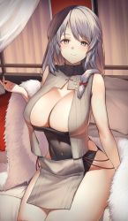 Rule 34 | 1girl, absurdres, azur lane, bare arms, black leotard, bow, breasts, charybdis (azur lane), charybdis (red chamber of healing) (azur lane), cleavage, closed mouth, commentary request, covered navel, cowboy shot, dress, feather boa, grey eyes, hair bow, hand up, highres, indoors, itaco, large breasts, leotard, long hair, looking at viewer, official alternate costume, on bed, pillow, red bow, silver hair, sitting, smile, solo