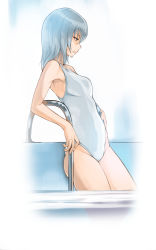 Rule 34 | 10s, 1girl, blue eyes, cowboy shot, daisuke (dskman), from side, girls und panzer, itsumi erika, long hair, looking down, one-piece swimsuit, parted lips, pool, silver hair, solo, standing, swimsuit, wading, white one-piece swimsuit