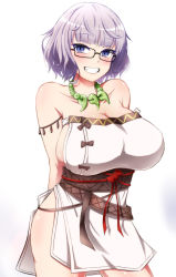 Rule 34 | 1girl, absurdres, arms behind back, bare shoulders, blue eyes, blush, breasts, cleavage, collarbone, cosplay, dress, fate/grand order, fate (series), glasses, grey hair, grin, highres, himiko (fate), himiko (fate) (cosplay), himiko (first ascension) (fate), jacques de molay (foreigner) (fate), jewelry, large breasts, looking at viewer, magatama, magatama necklace, necklace, sash, short hair, side slit, sideboob, smile, solo, sotomichi, thighs, white dress