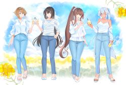 Rule 34 | 4girls, black hair, black nails, blue legwear, breasts, brown eyes, brown hair, casual, closed mouth, clothes around waist, collarbone, commentary request, cup, dark-skinned female, dark skin, denim, disposable cup, drinking glass, green eyes, highres, jacket, jacket around waist, jeans, kantai collection, large breasts, long hair, looking at another, medium breasts, multiple girls, musashi (kancolle), musashi kai ni (kancolle), mutsu (kancolle), nagato (kancolle), nail polish, off shoulder, one eye closed, open mouth, outdoors, pants, ponytail, red eyes, sandals, short hair, sidelocks, silver hair, smile, standing, toenail polish, toenails, twintails, very long hair, white footwear, yamato (kancolle), yunamaro