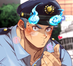 Rule 34 | 1boy, blue eyes, blue fire, blue hair, blurry, blurry background, blush, close-up, collared shirt, fiery horns, fire, hat, heart, highres, horns, kiss, kizami nori to yamaimo, looking at viewer, male focus, manly, muscular, police, police hat, police uniform, sakimori toji, shirt, solo, speech bubble, tokyo houkago summoners, uniform