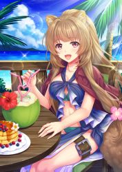 Rule 34 | 1girl, :d, animal ears, beach, bikini, blue bikini, blunt bangs, blush, breasts, brown hair, chair, cleavage, cloud, coconut, commentary request, cup, day, drink, drinking glass, drinking straw, food, fruit cup, happy, heart, highres, large breasts, looking at viewer, medium breasts, navel, ocean, open mouth, otosume ruiko, outdoors, pancake, ponytail, purple eyes, raccoon ears, raccoon girl, raccoon tail, raphtalia, sarong, sitting, sky, smile, solo, swimsuit, table, tail, tate no yuusha no nariagari, thigh strap