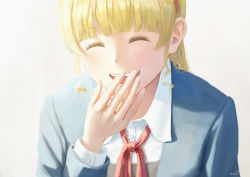 Rule 34 | 1girl, bad id, bad pixiv id, blazer, blonde hair, blue jacket, blunt bangs, blush, closed eyes, commentary, dress, grey dress, hairband, hand up, heanna sumire, jacket, laughing, long hair, long sleeves, love live!, love live! superstar!!, neck ribbon, open mouth, orange hairband, papi (papiron100), pinafore dress, red ribbon, ribbon, school uniform, simple background, sleeveless dress, smile, solo, teeth, upper body, upper teeth only, white background, yuigaoka school uniform