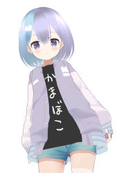 Rule 34 | 1girl, bad id, bad twitter id, black shirt, blue shorts, blush, closed mouth, cowboy shot, dutch angle, grey hair, hair between eyes, jacket, long sleeves, looking at viewer, neki (wakiko), open clothes, open jacket, original, puffy long sleeves, puffy sleeves, purple eyes, purple jacket, shirt, short shorts, shorts, simple background, sleeves past wrists, solo, standing, white background