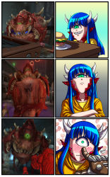 Rule 34 | 1girl, 3d, blue hair, blush, burger, cacodemon, cyclops, demon girl, doom (series), doom eternal, embarrassed, food, green eyes, grin, highres, horns, looking at viewer, one-eyed, personification, photo inset, pointy ears, poking nose, pov, reference inset, sharp teeth, shirt, smile, substance20, surprised, teeth, wavy mouth, yellow shirt