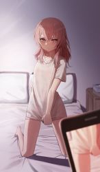 Rule 34 | 1girl, barefoot, bed, bedroom, blush, borrowed clothes, cellphone, closed mouth, collarbone, covering crotch, covering privates, fake phone screenshot, fake screenshot, flat chest, hair between eyes, highres, inui sajuna, kneeling, korean commentary, long hair, looking at viewer, moth1, nightstand, no pants, on bed, phone, photographic proof, pillow, pink hair, shirt, shirt tug, smartphone, sono bisque doll wa koi wo suru, t-shirt, white shirt