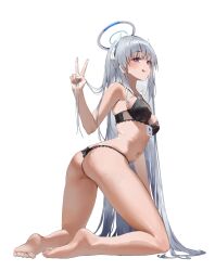 Rule 34 | 1girl, absurdres, ass, bare arms, bare legs, bare shoulders, barefoot, black bra, black panties, blue archive, blush, bra, breasts, feet, from behind, full body, grey hair, hair between eyes, halo, highres, id card, kneeling, lanyard, licking lips, long hair, looking at viewer, looking back, medium breasts, navel, noa (blue archive), panties, purple eyes, simple background, smile, soles, solo, thighs, toes, tongue, tongue out, underwear, underwear only, v, very long hair, white background, yohwa