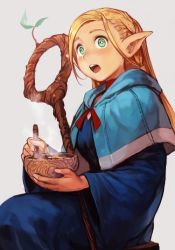 Rule 34 | 1girl, blonde hair, blue robe, blush, bowl, braid, choker, dungeon meshi, elf, food, green eyes, holding, holding bowl, hungry clicker, long hair, marcille donato, nose, open mouth, pointy ears, ribbon, robe, simple background, sitting, solo, staff, surprised, twin braids