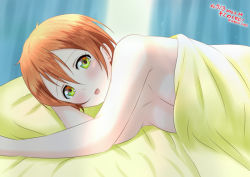 Rule 34 | 10s, 1girl, bed, bed sheet, bedroom, blush, breasts, hoshizora rin, indoors, looking at viewer, love live!, love live! school idol project, lying, multicolored eyes, naked sheet, nude, on bed, on side, open mouth, orange hair, pillow, short hair, small breasts, solo, under covers, yamato yume