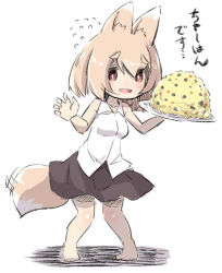 Rule 34 | 1girl, :d, animal ear fluff, animal ears, bad id, bad pixiv id, bare arms, bare shoulders, barefoot, black skirt, blush, breasts, collared shirt, flying sweatdrops, food, fox ears, fox girl, fox tail, full body, hair between eyes, hands up, holding, holding plate, light brown hair, medium breasts, open mouth, original, plate, red eyes, shadow, shirt, skirt, sleeveless, sleeveless shirt, smile, solo, standing, tail, tail wagging, thick eyebrows, translation request, u-non (annon&#039;an), white background, white shirt