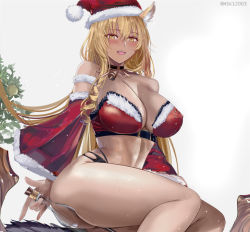 Rule 34 | 1girl, :d, animal ears, bare shoulders, bell, bikini, black choker, blonde hair, blush, bobblehat, bottle, breasts, buckle, choker, christmas, cleavage, collarbone, commentary request, detached sleeves, drill hair, fate/grand order, fate/grand order arcade, fate (series), fur-trimmed bikini, fur-trimmed headwear, fur-trimmed sleeves, fur trim, hat, large breasts, long sleeves, looking at viewer, misaka 12003-gou, open mouth, red hat, santa bikini, santa hat, simple background, sitting, smile, solo, suzuka gozen (fate), suzuka gozen (santa) (fate), swimsuit, thighs, twitter username, underbust, white background, yellow eyes