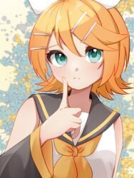 Rule 34 | 1girl, :t, aqua eyes, bare shoulders, black sleeves, blonde hair, bow, detached sleeves, eshe mr, finger to cheek, flat chest, floral background, hair bow, hair ornament, hairclip, highres, kagamine rin, light blush, looking at viewer, neckerchief, shirt, short hair, sleeveless, sleeveless shirt, solo, upper body, vocaloid, white bow, white shirt, yellow neckerchief