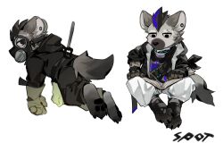 Rule 34 | 1boy, absurdres, arknights, black jacket, black jumpsuit, book, character name, chibi, claws, ear piercing, eyebrow piercing, furry, furry male, gas mask, gloves, green gloves, hand on own knee, highres, hood, hooded jacket, hyena boy, hyena ears, hyena tail, infection monitor (arknights), jacket, jumpsuit, kitai su, male focus, mask, multicolored hair, multiple views, open book, pants, pawpads, piercing, reading, spot (arknights), streaked hair, sweatdrop, white background, white pants