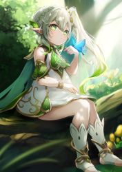 Rule 34 | 1girl, absurdres, bracelet, bug, butterfly, dappled sunlight, dress, expressionless, feet, forest, genshin impact, gradient hair, green eyes, green hair, hair ornament, highres, insect, jewelry, long hair, multicolored hair, nahida (genshin impact), nature, outdoors, pointy ears, short dress, side ponytail, sitting, sleeveless, sleeveless dress, socks, soles, solo, sunlight, thighs, toeless footwear, toes, tree, white dress, white hair, white socks, yutoriko (candy0905)