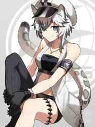Rule 34 | 1girl, animal ears, arknights, armband, bandeau, bare arms, bare shoulders, black gloves, black shorts, black thighhighs, blue eyes, breasts, cliffheart (arknights), feb itk, fur trim, gloves, hat, highres, hugging own legs, jewelry, knee up, leopard ears, leopard girl, leopard tail, looking at viewer, medium breasts, multicolored hair, necklace, open clothes, peaked cap, revealing clothes, ribbed legwear, short hair, short shorts, shorts, single thighhigh, sitting, sleeveless, smile, solo, stomach, tail, thighhighs, thighlet, thighs, two-tone hair, white hair, white hat