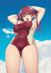 Rule 34 | 1girl, absurdres, arms behind back, blue sky, breasts, cloud, covered navel, day, hair ribbon, highres, hololive, houshou marine, huge filesize, large breasts, long hair, looking at viewer, one-piece swimsuit, open mouth, oshiruko (oshiruco 212048), red eyes, red hair, red ribbon, ribbon, sky, smile, solo, swimsuit, thighs, twintails, virtual youtuber