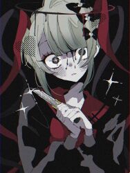 Rule 34 | 1girl, black background, black bow, black eyes, black hair, black shirt, bleeding from forehead, blonde hair, blood, blood on face, blunt bangs, bow, boxcutter, chouzetsusaikawa tenshi-chan, chouzetsusaikawa tenshi-chan (dark angel), commentary request, constricted pupils, dark persona, eyeshadow, film grain, frown, hair bow, halo, hands up, heart, holding, holding boxcutter, long hair, long sleeves, looking at viewer, makeup, melting halo, multicolored hair, multiple hair bows, needy girl overdose, official alternate color, pale skin, parted lips, quad tails, red bow, red eyeshadow, red hair, red sailor collar, sailor collar, shirt, solo, sparkle, tabun ningen, tears, twintails, upper body, wide-eyed