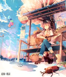 Rule 34 | 1girl, acoustic guitar, balloon, beetle, bench, brown hair, bug, bus stop, cloud, cloudy sky, copyright name, day, denim, dog, eshi x kashi ame-hen, closed eyes, from below, guitar, hair ornament, bug, instrument, jeans, jewelry, kirero, music, necklace, original, outdoors, pants, playing instrument, rain, rhinoceros beetle, shirt, singing, sitting, sky, solo, tree