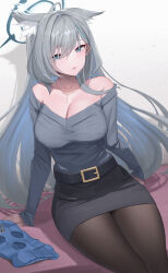 Rule 34 | 1girl, ahoge, alternate costume, animal ear fluff, animal ears, arm support, bare shoulders, black pantyhose, black skirt, blue archive, blue mask, blush, breasts, feet out of frame, grey hair, grey shirt, halo, highres, large breasts, long sleeves, looking at viewer, mask, unworn mask, off-shoulder shirt, off shoulder, pantyhose, pencil skirt, shiroko (blue archive), shiroko terror (blue archive), shirt, shougun (chuckni1), sitting, skirt, solo, wolf ears