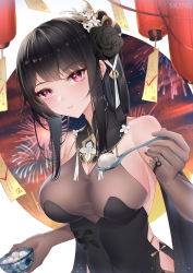 Rule 34 | 1girl, artist name, azur lane, backless dress, backless outfit, bare shoulders, black flower, black hair, black legwear, black rose, breasts, chen hai (azur lane), chen hai (vestibule of wonders) (azur lane), china dress, chinese clothes, chinese commentary, cleavage, clothing cutout, collarbone, covered navel, dessert, detached sleeves, dress, elbow gloves, fireworks, flower, food, forehead, gloves, gold trim, hair ornament, halter dress, halterneck, highres, holding, holding spoon, lantern, lantern festival, large breasts, looking at viewer, official alternate costume, paper lantern, parted lips, red eyes, rose, see-through, sidelocks, sking, sky lantern, solo, spoon, tight clothes, tight dress, upper body