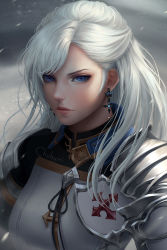 Rule 34 | 1girl, armor, artist name, blue eyes, chuby mi, closed mouth, earrings, final fantasy, final fantasy xiv, highres, hyur, jewelry, lips, long hair, looking at viewer, solo, watermark, white hair