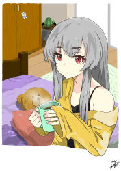 Rule 34 | 1girl, absurdres, alternate costume, arknights, bed, cactus, chinese commentary, commentary request, cup, drink, highres, long hair, mug, off shoulder, oversized clothes, oversized shirt, pillow, plant, potted plant, red eyes, shirt, silver hair, solo, stg (stg07201223), stuffed animal, stuffed toy, teddy bear, thick eyebrows, weedy (arknights)