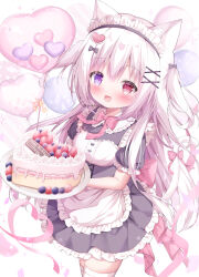 Rule 34 | 1girl, :d, absurdres, animal ears, apron, artist name, balloon, birthday, birthday cake, black bow, bow, cake, candle, cat ears, cat girl, cat tail, commission, cowboy shot, food, hair bow, hair ornament, happy birthday, heart, heart balloon, heart hair ornament, heterochromia, highres, maid, maid apron, maid headdress, open mouth, original, pink bow, pink ribbon, purple eyes, red eyes, ribbon, skeb commission, smile, solo, tail, tail bow, tail ornament, thighhighs, two side up, white hair, white thighhighs, x hair ornament, yuduki pdx