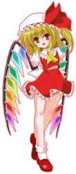 Rule 34 | 1girl, arms behind back, blonde hair, blush, dress, fang, female focus, flandre scarlet, full body, hat, hat ribbon, highres, mob cap, one side up, red eyes, ribbon, side ponytail, simple background, skirt, socks, solo, standing, touhou, white background, wings, yamu (reverse noise)